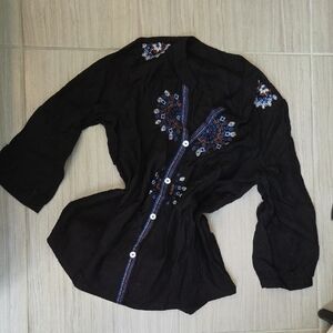 SHEIN Black Puff Sleeve Blouse with Mandarin Collar